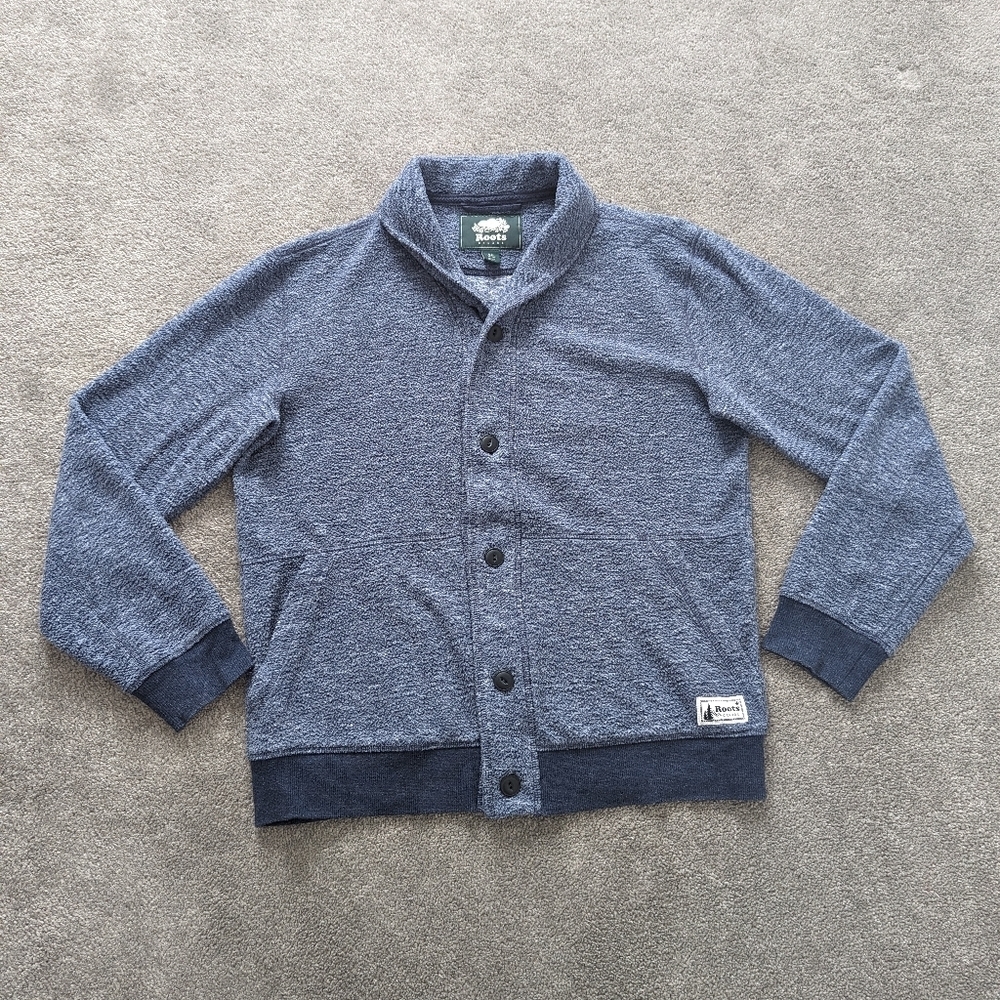Roots Men's Cabin Shawl Cardigan Size Small Blue Button Down Fleece